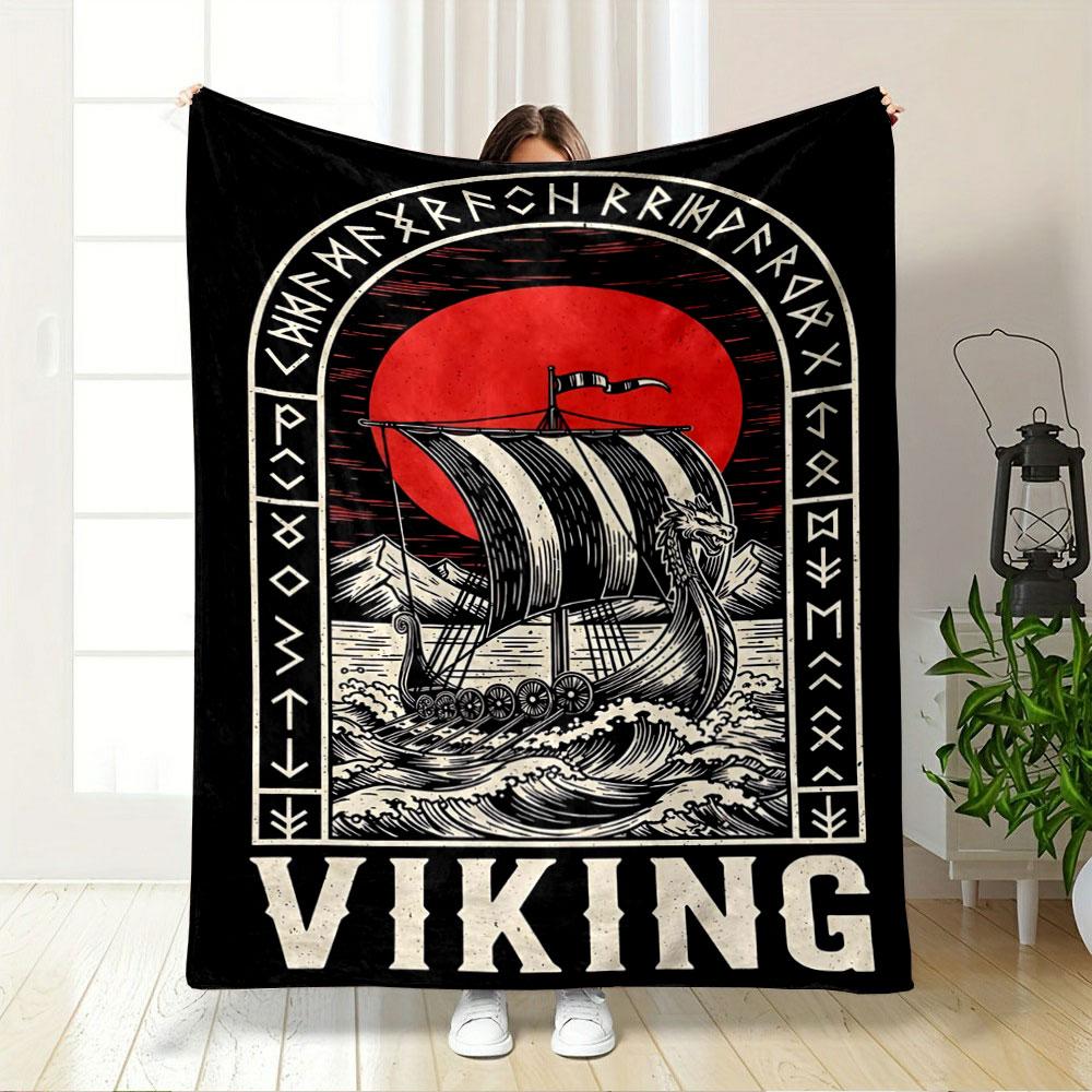 A Viking Ship On Waves, Framed by Runes, with a Red Sun In the Background. for All Seasons Blanket Lunch Break Throw Gift
