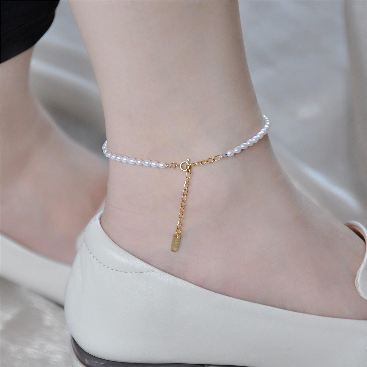 Recommended Natural pearl anklet for women, niche design, fortune charm, wealth anklet,  Fu  character anklet, sexy women s style （Pearl anklet without t