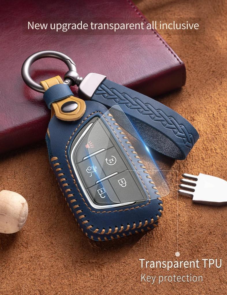 YINEOR Cadillac Key Fob Cover Leather Car Key Case Keychain Smart Key Fob Holder
