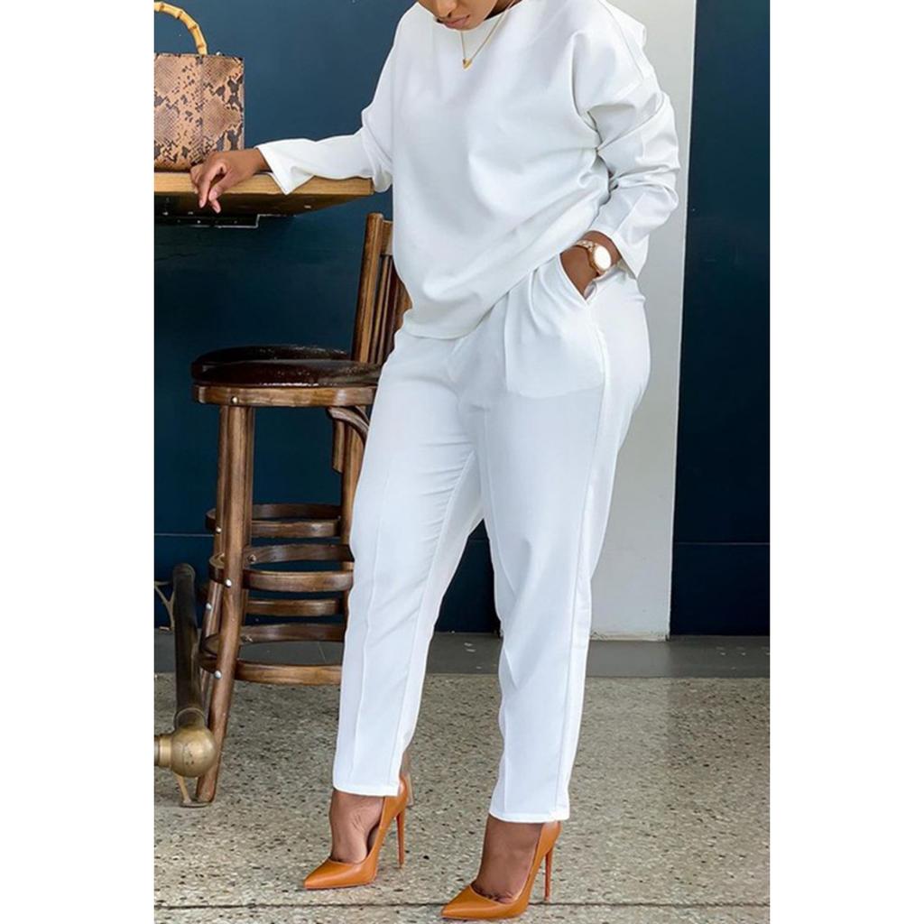 2025 Spring Autumn Women's Thick Fabric Two Piece Set, Round Neck Loose Fit Top with Comfortable Pants, Casual Solid Color Coord Outfit for Daily Wear