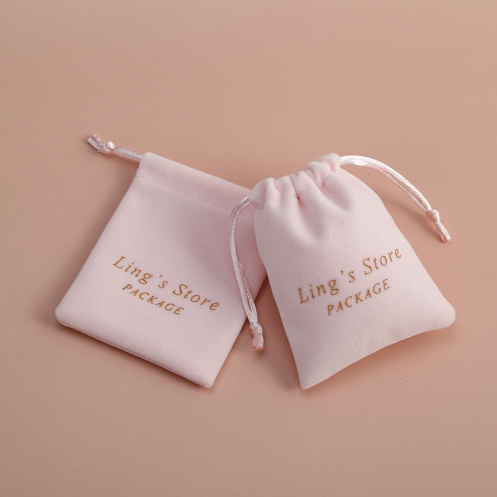 50Pcs Personalized Logo Beige Jewelry Drawstring Bag Thick Velvet Pouch Boutique Cosmetic Wedding Favors Candy Organizer Pockets