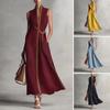 Sommer ärmelloses Kleid für Damen, lässig, Stehkragen, V-Ausschnitt, Maxikleid, fließend