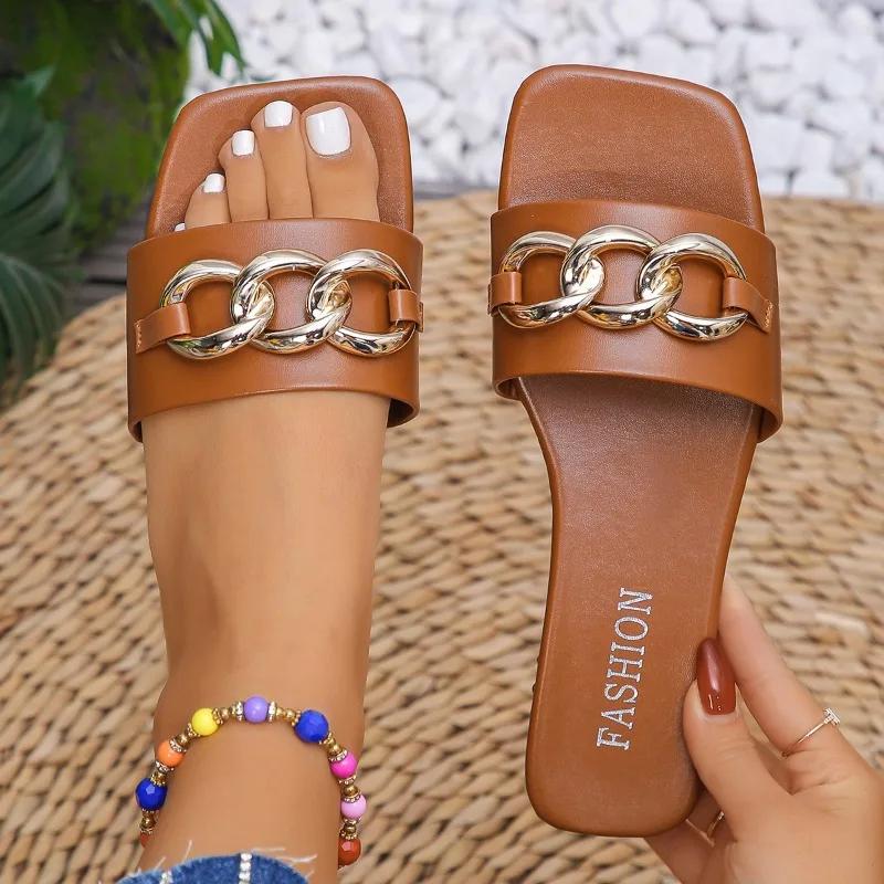 Women Fashion Slippers Light Pu Leather Slippers Soft Sole Flat Sandals Fashion Casual Beach Slides Non Slip Women Flat Slippers