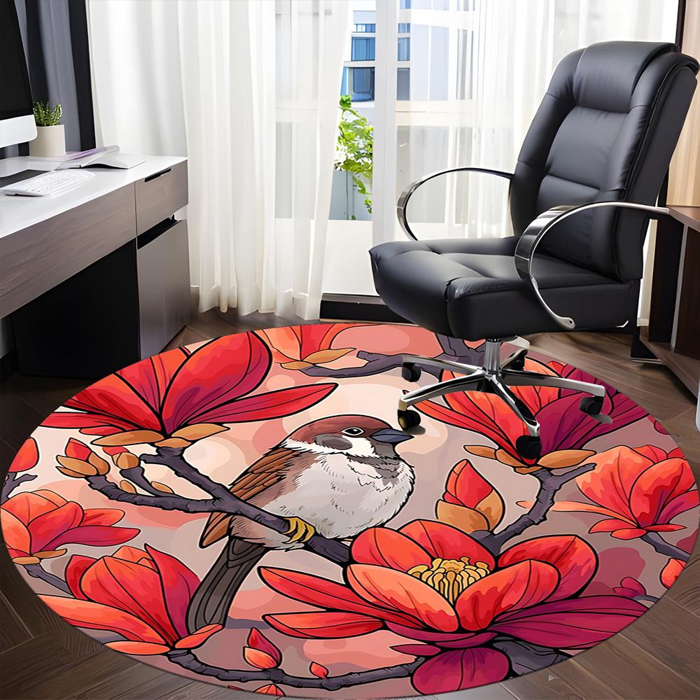 1pc Magnolia Bird Print Carpet for Office Non Slip, Round Carpet, Soft & Comfortable, Carpet for Office, Lightweight Round Floor Mat