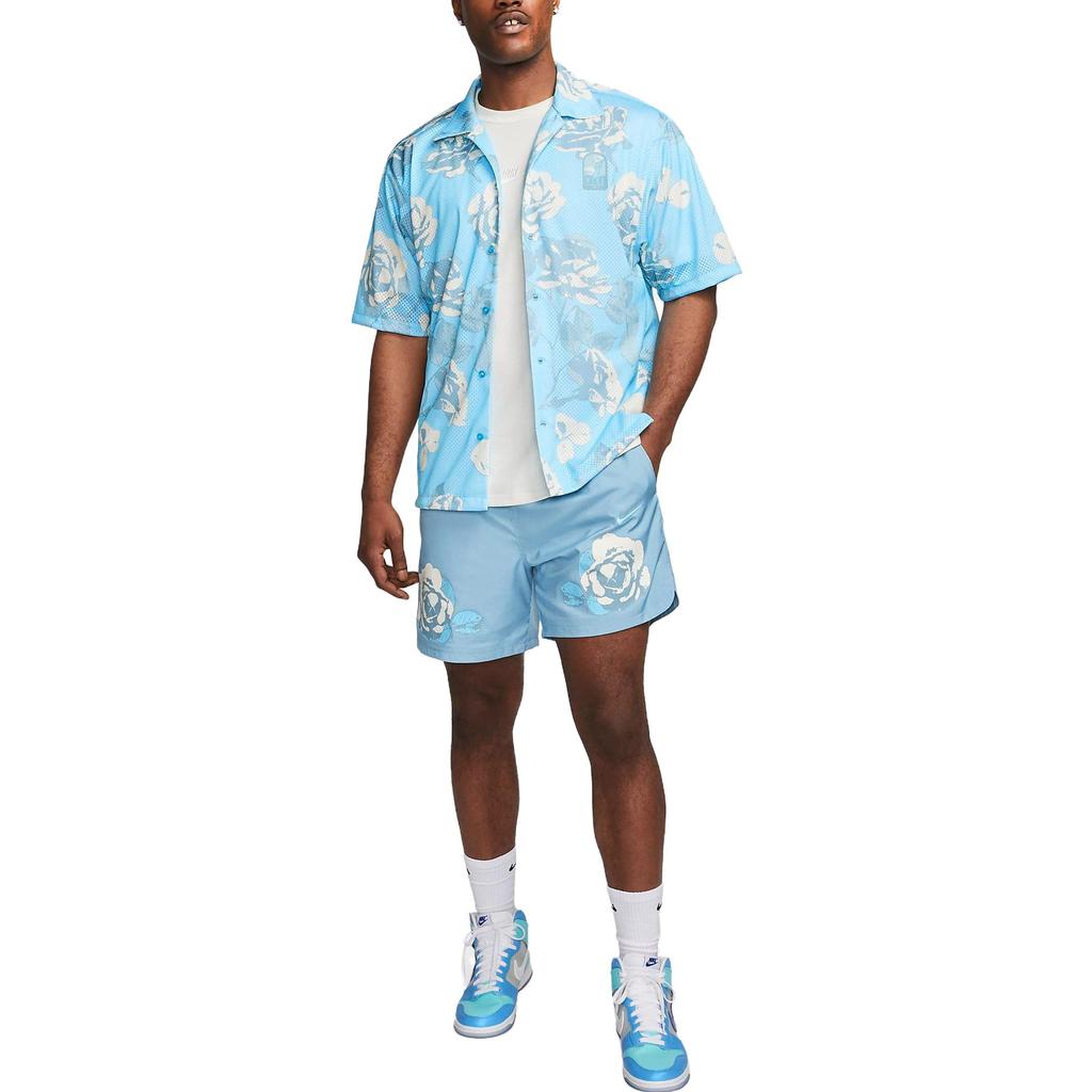 Nike Rose City Mesh Button Floral Print Casual Short Sleeve Shirt Men Shirts Blue FJ1650-499