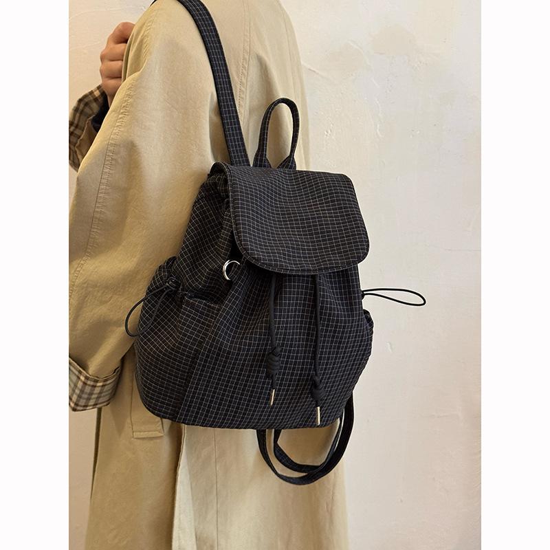 Korean Plaid Drawstring Backpack, New Large-capacity Student Commuting Versatile Backpack, Niche Lightweight Nylon Schoolbag