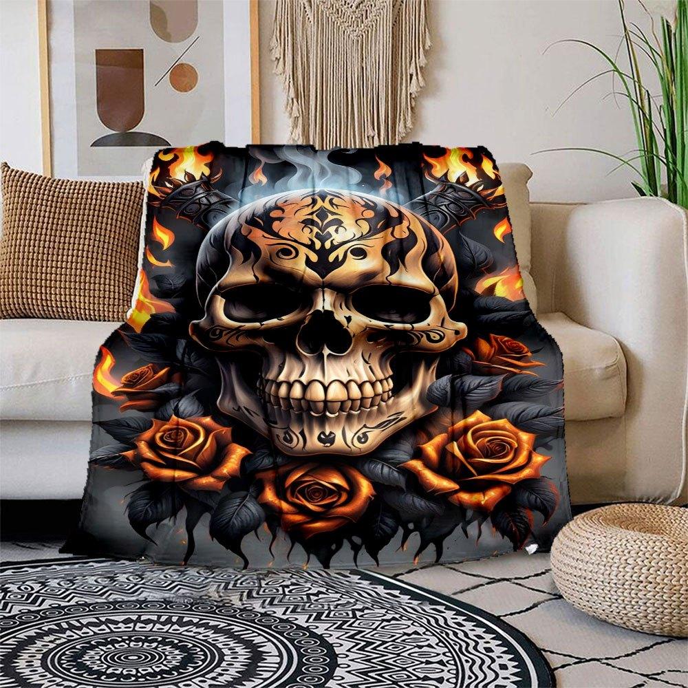 

Flaming Skull with Roses Tattoo Design Art Print Blanket Flannel Throw Blanket for Sofa, Bed, Travel, Camping, Office, Couch, Chair, And Be 150x180cm