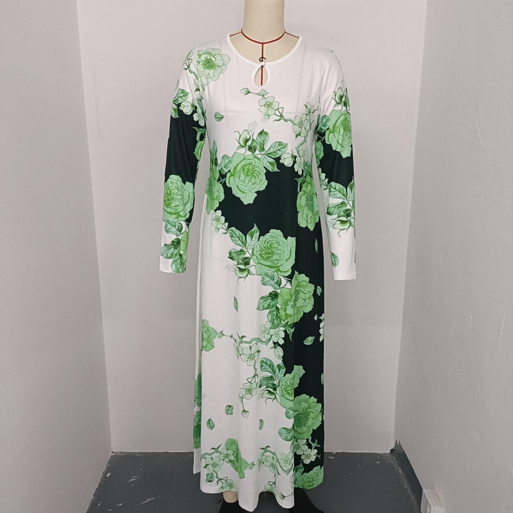 Women's Long Sleeve Round Neck Printed Pocket Long Elegant Dress