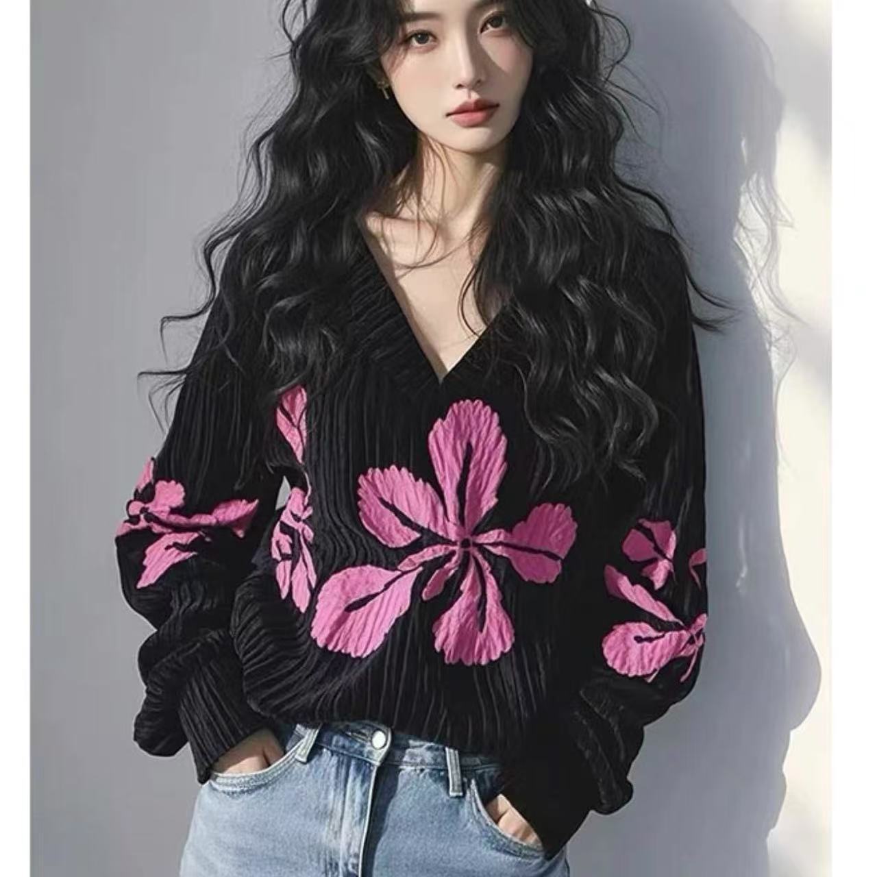 

Весенний женский свитер с принтом, тонкий, длинный рукав, V-образный вырез, пуловер, трикотажная футболка 2XL