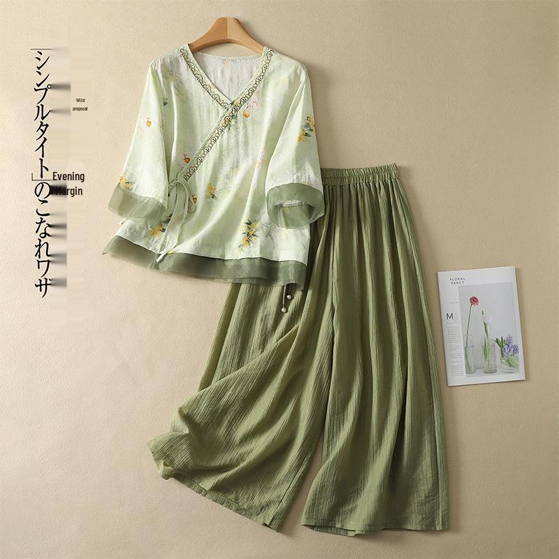 

2026 Summer Tencel Plus Size Embroidered Set: Elegant Retro Top & Wide-Leg Pants for Women Large зелений