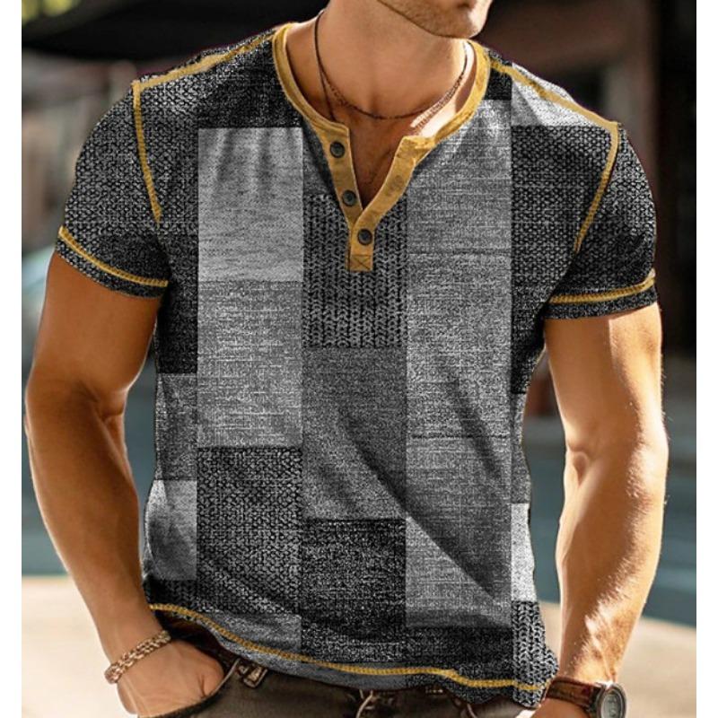 Simple Plaid 3D Printed Stand-Up Collar Men'S Casual Short-Sleeved T-Shirt