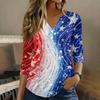 Women 3/4 Sleeve V Neck Henley Pullover Shirt American Flag Print Casual Loose Fit Top