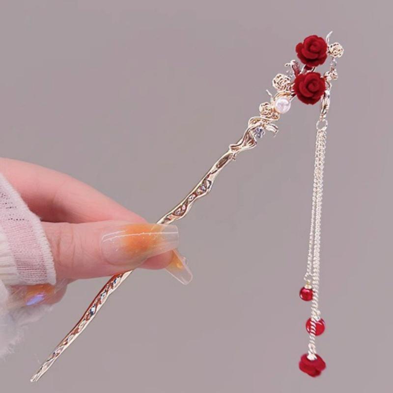 Retro Roter Haarstab Chinesischer Stil Hanfu Quaste Frauen Blumen Essstäbchen Legierung Haarnadel Frau Schmuck Haarspange Accessoires