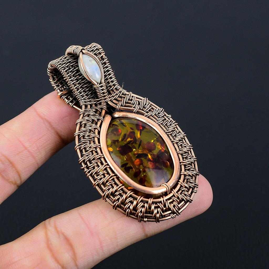 Baltic Amber & Moonstone Gemstone Pure Copper Wire Wrap Handmade Jewelry Pendant