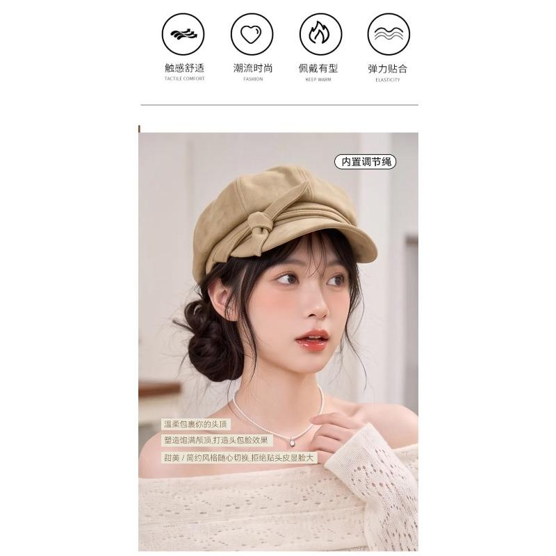 Women S Solid Color Suede Octagonal Hat With Bow For Autumn Winter