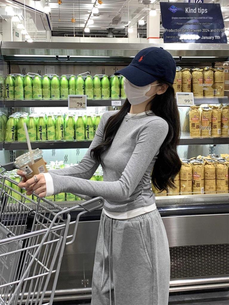 Women's Retro Spliced Pleated Two-Piece Long-Sleeve T-Shirt