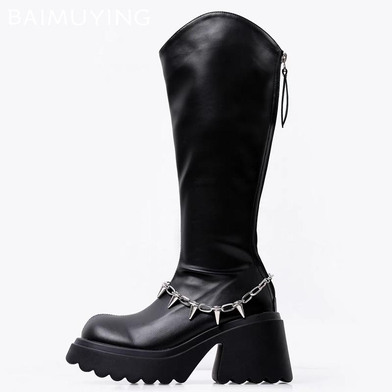 Chunky Platform Women High Boots Chain Leather High Heels Fashion Shoes 2025 Trend Designer Pumps Knee High Winter Botas Mujer