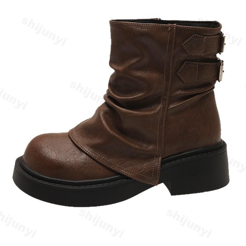 Fashion Autumn Women Boots 2025 Round Toe Chunky Platform Mid Calf Boots Fashion Retro British Style Wedges High Top Boots Botas Mujer