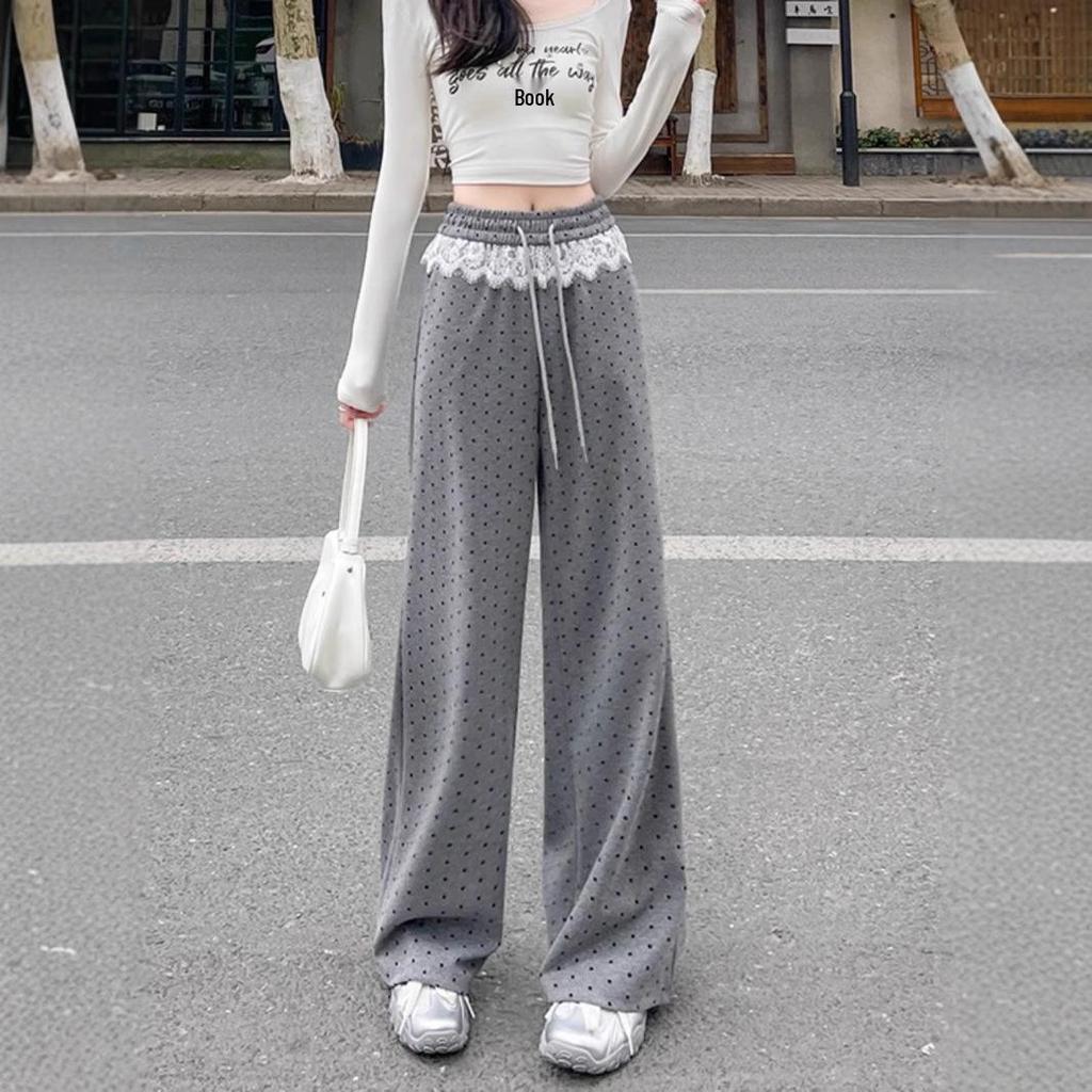 Women's High-Waist Polka Dot Lace Patchwork Wide-Leg Pants - Spring 2025 Collection
