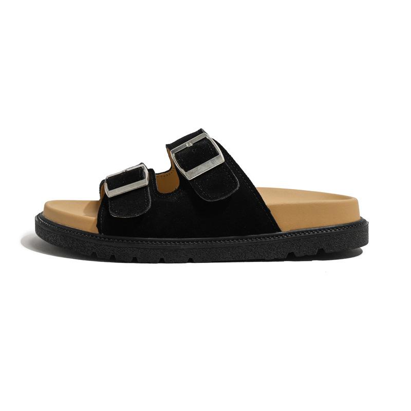 

Leather Boken slippers women s sandals outside Texas holiday~ retro thick-soled double buckle with soft bottom stepping on shit slippers 40 чёрный