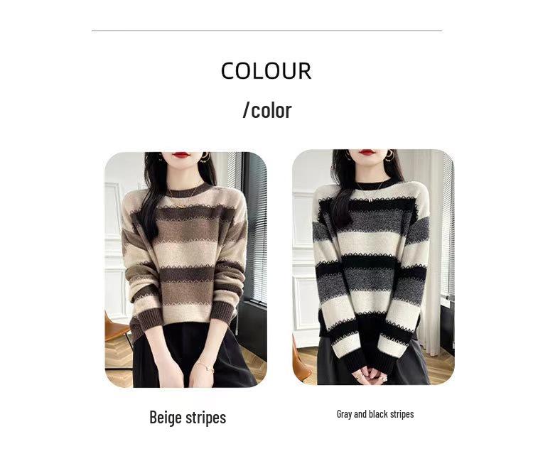 Women's Striped Round Neck Wool Sweater - Loose, Thick Knit, Lazy Style for Autumn and Winter