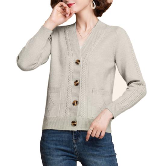 Women Knitted Cardigan Spring Autumn V Neck Button Closure Long Sleeves Solid Color Middle Age Ladies Coat Top Streetwear