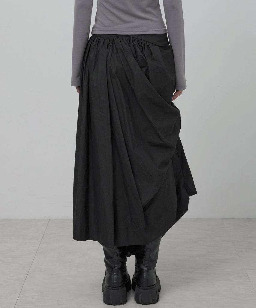 Peulleeoeob Asymmetrical Draped Layered Long Skirt (Fl-256_Black)