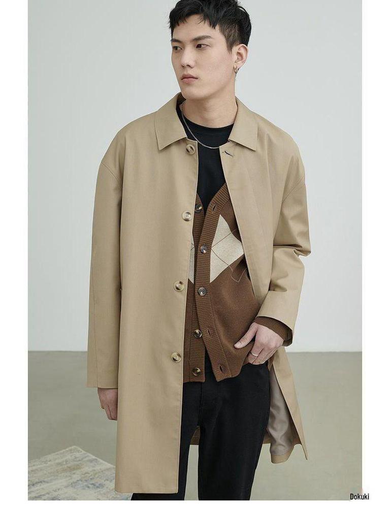 Men's Khaki Mid-Length Cityboy Trench Coat for Larger Sizes