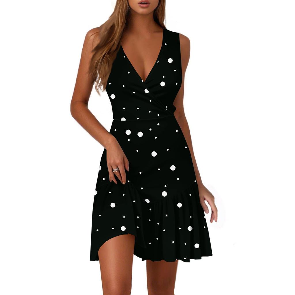 Ladies Casual Fashion V-Neck Sleeveless  Print Dress