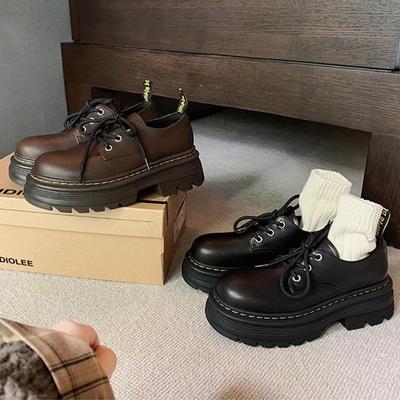 Grape Mother Britischer Stil Schnürschuhe mit dicker Ferse Plateau-Loafer Rundkopf Kleine Lederschuhe Damen Herbst