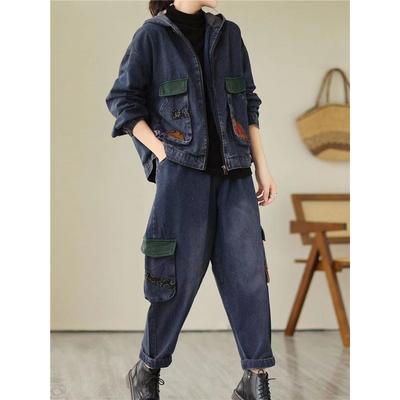 Damen Ethno-Stil Mode Herbstanzug Kapuzenjacke Langarm Haremshose Retro Denim Zweiteiler