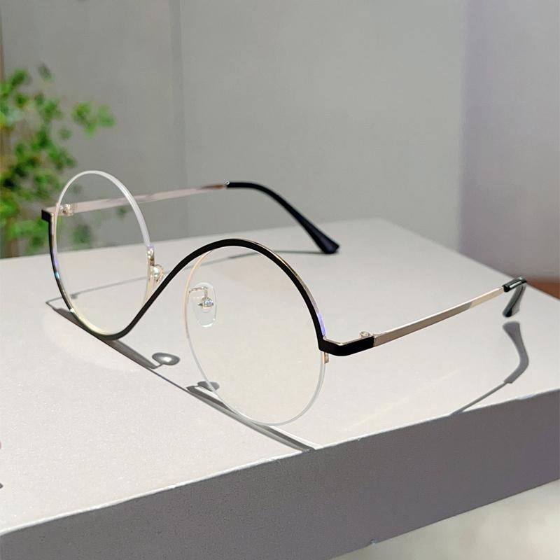 Fashion Semi-Rimless Round Frame Women's Ins Brand Design Pink Glasses Blue Light Blocking Retro Metal Decor Eyewear