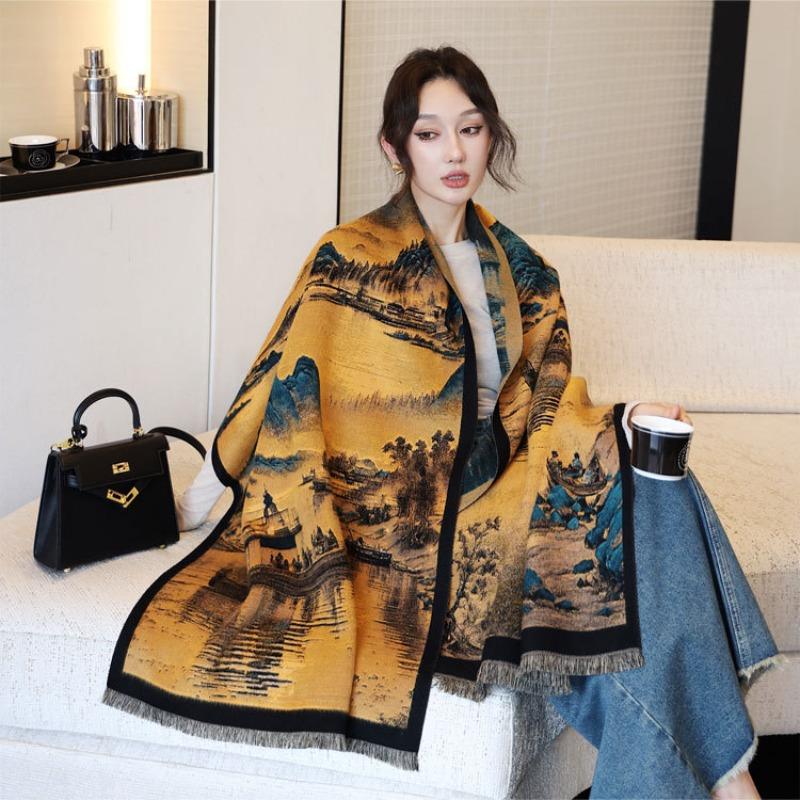 Thousands of miles of Jiangshan new thickened shawl autumn and winter double-sided jacquard scarf women's high-end warm versatile scarf