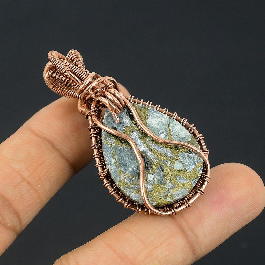 Copper Seraphinite Pendant, 999 Copper Wire Wrapped Gemstone Jewelry, Handmade Pendant, For Thanksgiving