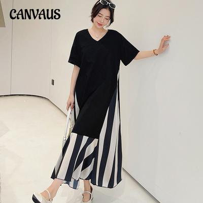 Summer Long Plus Size Women's Dress Striped V-Neck Short Sleeve Dresses