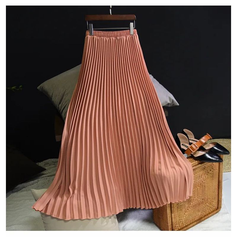 Pleated Skirt with Elastic Waistband Pleated High Waist Half-Length Female Elastic Waist Skirt
