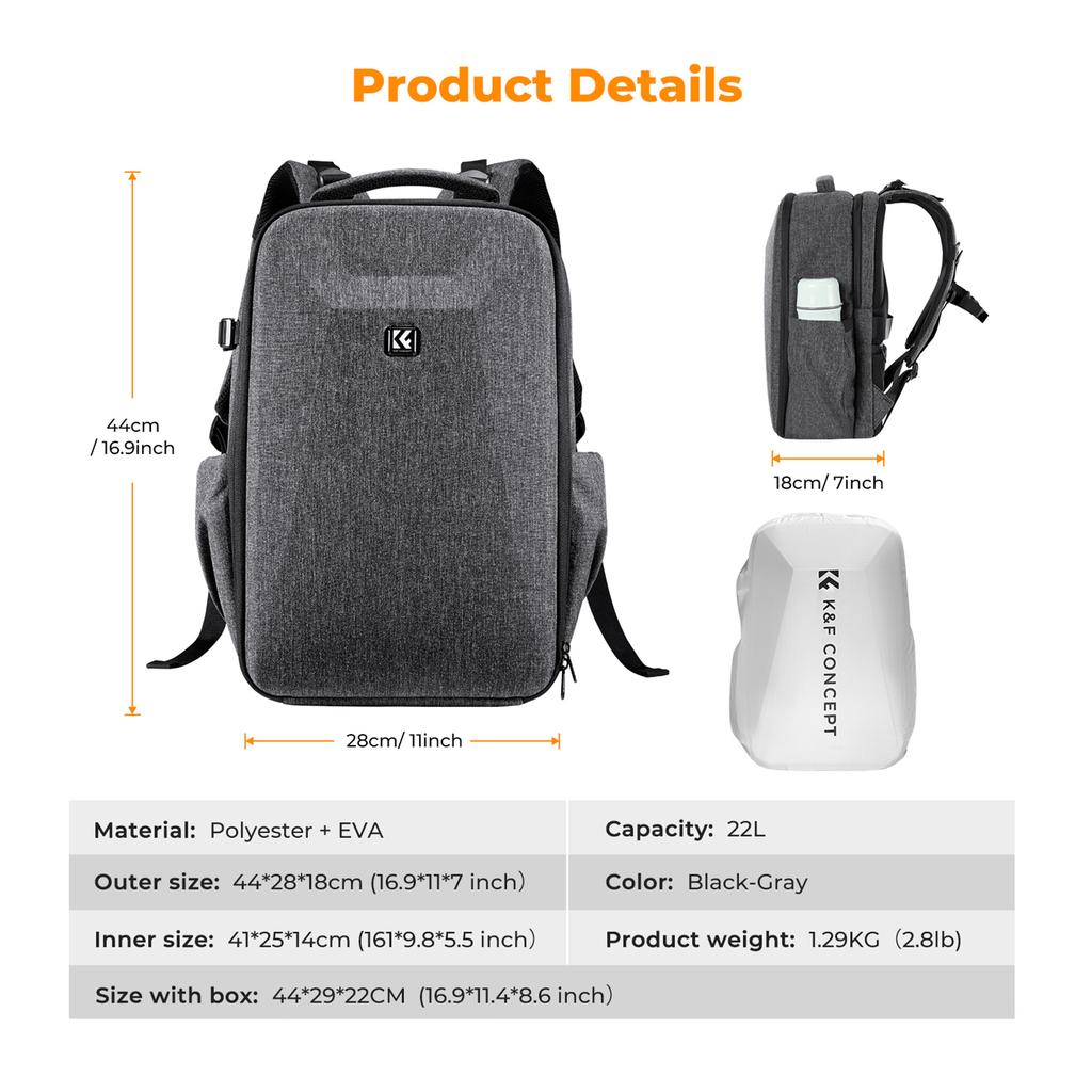 K&F CONCEPT Multifunktionell Kameraryggsäck Hardshell DSLR Kameraväska 22L Stor Kapacitet Kamera