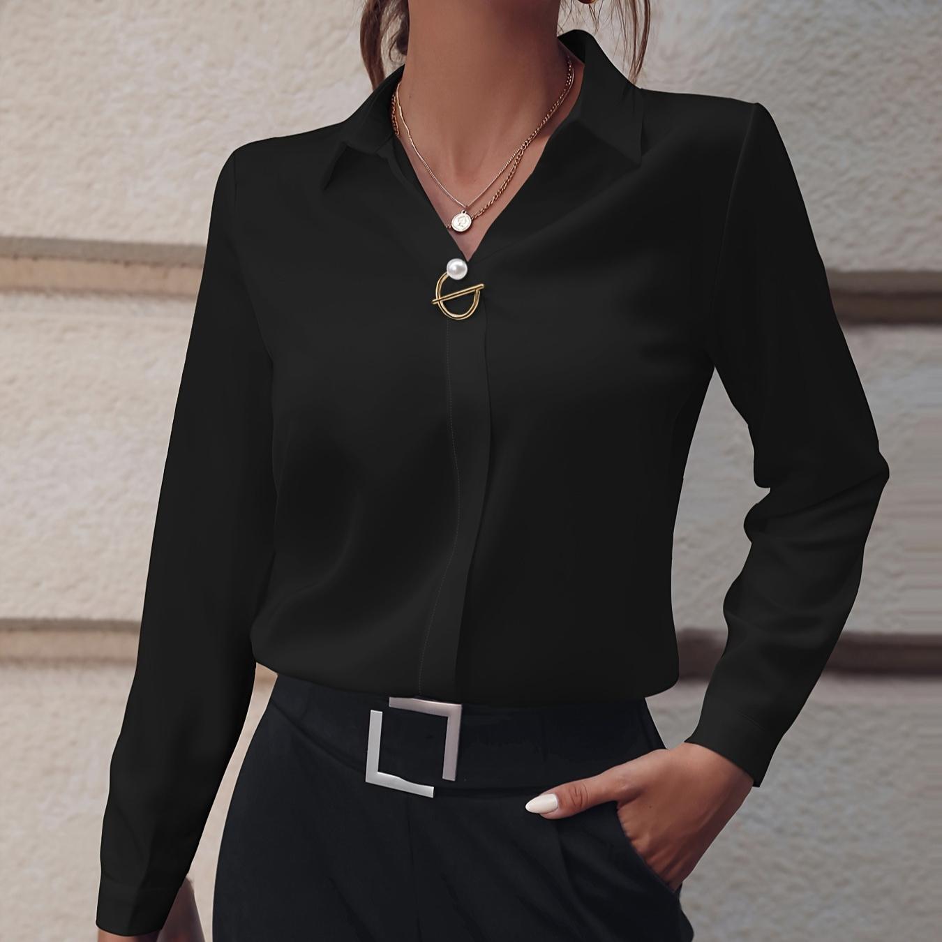 

Женская рубашка с лацканами, длинным рукавом, декорированная искусственным жемчугом, рубашка стандартного кроя, однотонная, простая, легкая блузка S чёрный