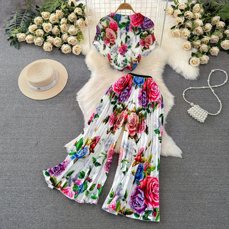 

Socialite Elegant Pleated High Waist Straight-leg Fashion Suit White background pink flower with purple flower XL