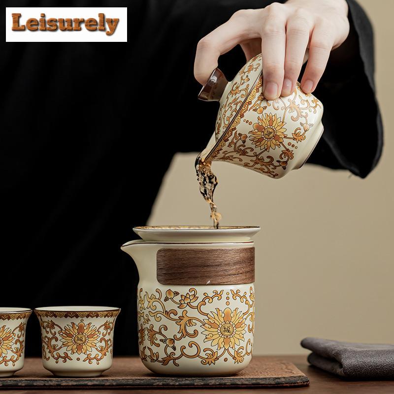 Ru Kiln Golden Flower Blessing Tea Set Complete Set Aesthetic Tea Ceremony Set Teapot and Tea Cup Set Chinese Tea Set Ornaments