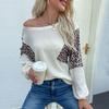 Womens Loose Fit Round Neck Knit Top With Leopard Print Patchwork Casual Long Sleeve Sweater In Apricot