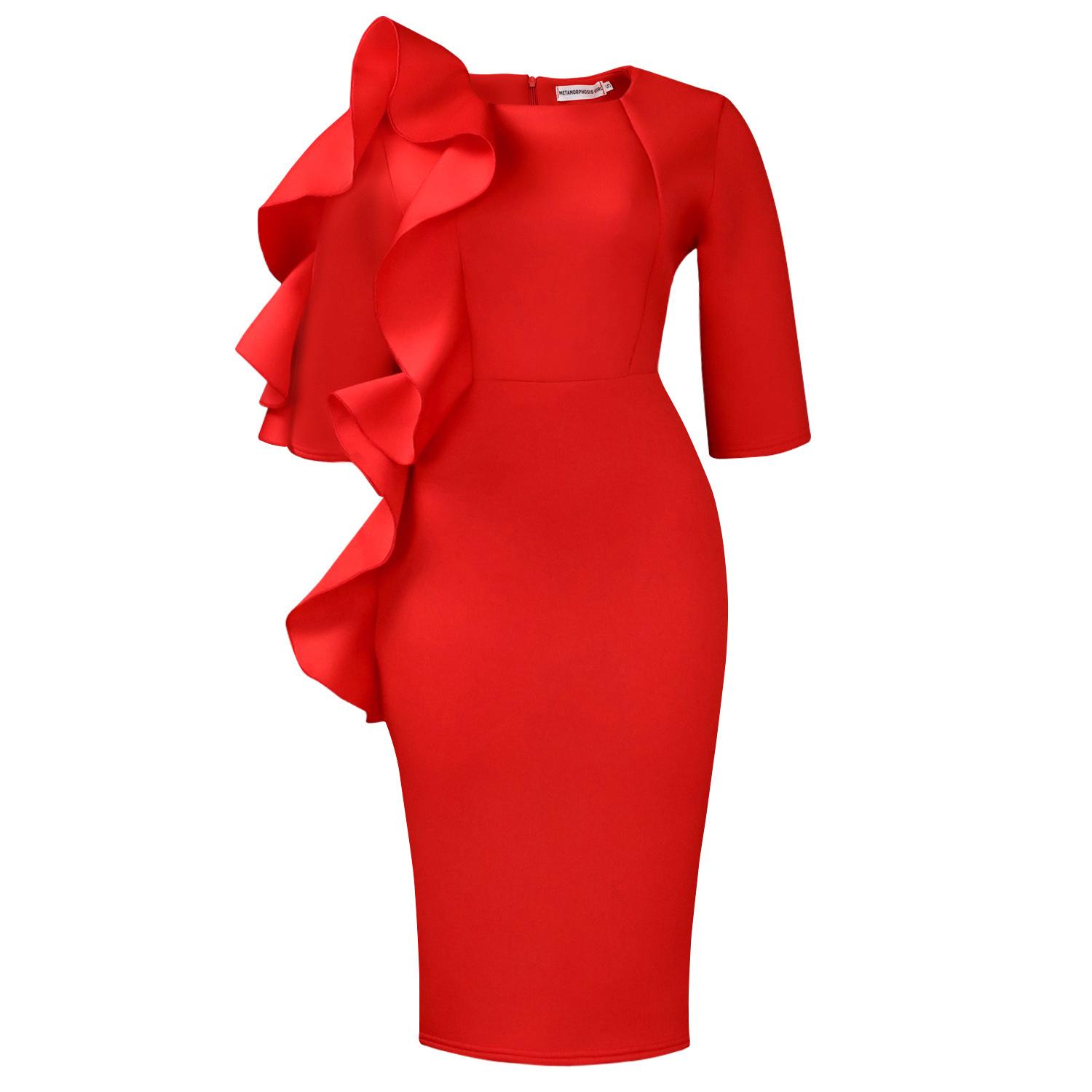 

Autumn new fashion temperament slim-fit round neck seven-quarter sleeve ruffle edge dress XXXL червоний