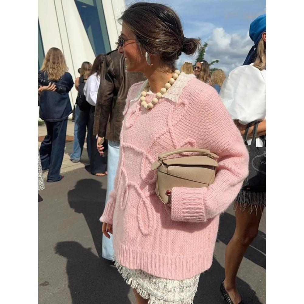 TRA&F Fashion Casual Pullovers For Women Solid Color Round Neck Long Sleeve Knitted Sweater Loose Female 2024 Autunn Winter New