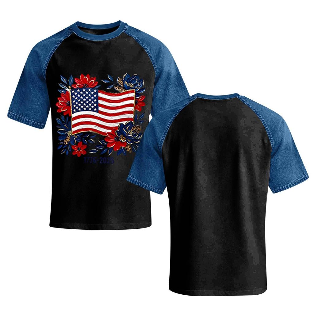 Women Casual Short Sleeve T Shirt Denim Patchwork Top 250th Independence Day Commemorative Print Relaxed Fit Lightweight Tee