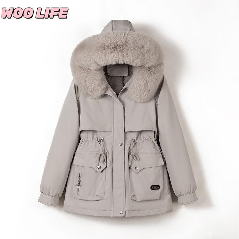 Parker Clothing Women's New Winter All-match Cotton Clothing Plus Velvet Hooded Jacket, Big Fur Collar, Warm Cotton Clothing, Women's Cold Protection