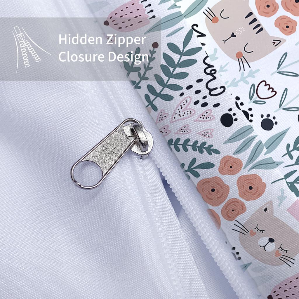 3pcs Cartoon Cute Cat and Plants Pattern Printed Bedding Set, 1*duvet Cover+2*pillowcase, Suitable for Girls Bedroom, Queen Bed