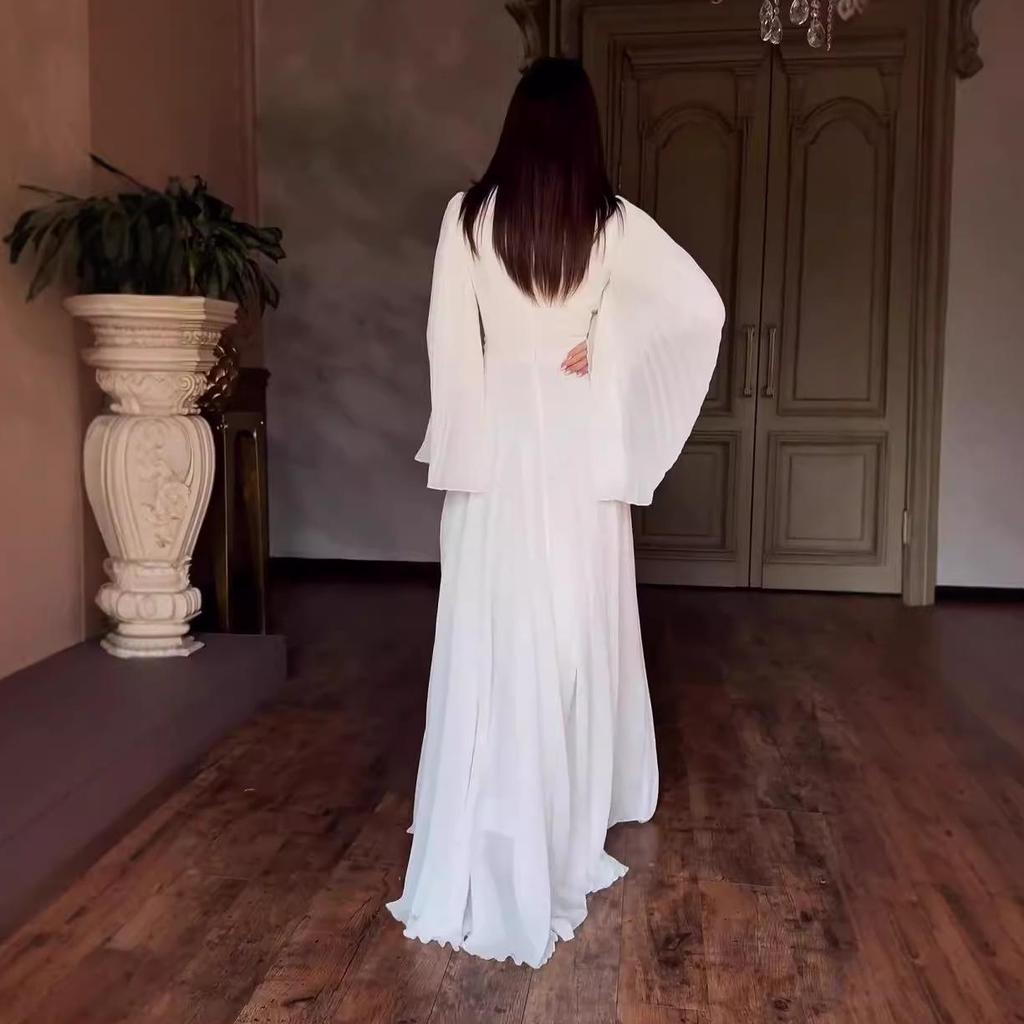 2024 Rochie Maxi Elegantă de Damă, Culoare Solidă, Mânecă Lungă, cu Broderie Bogată și Guler Semi-Înalt