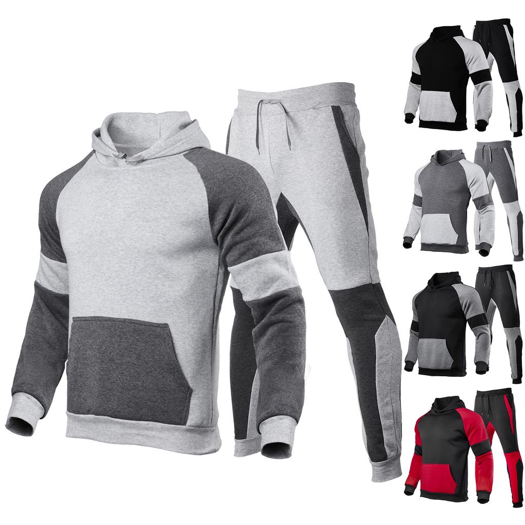 Men's And Women's Solid-color Casual Size Color-blocking And Patchwork Sportswear, Men's Hooded Long-sleeved Sweatshirt And Sweatpants Set