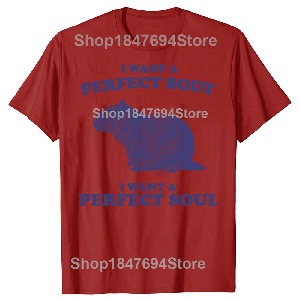 

Capybara I Want A Perfect Body I Want A Perfect Soul T Shirt Funny Animal Unisex Classic Tee Shirt Fashion Casual Streetwear Top S