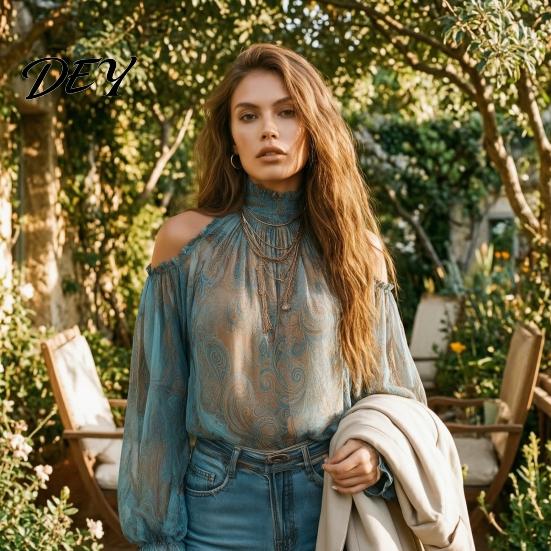 Long Sleeve Shirts Women Fall Cold Shoulder Shirt, Vintage Ethnic Print High Casual Blouses Collar Blouse, Ruffle Lantern Top Soft